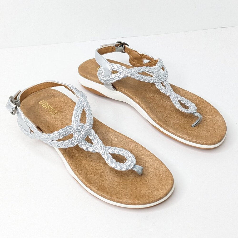 UBFEN Braided T-Strap Thong Sandals, Silver, Women's 6 (EU 36)